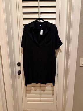 NWT Old Navy Black Linen Blend Button Front Dress with Pockets - L